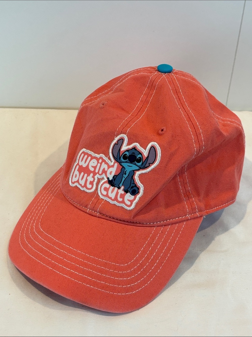 NWT Lilo & Stitch Weird But Cute Coral Pink Baseball Hat Patch Disney Parks Cap